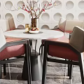 Modern Round Dining Table With Pink Padded Chairs And Vase On Circular Patterned Wall 3d model