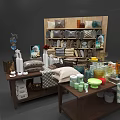 Wooden Display Shelves With Home Decor Items Towels And Bottles For Retail Showcase Setup