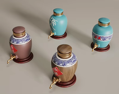 Colorful Ceramic Wine Jars with Lids Taps Red Wooden Bases and Floral Patterns 3d model Colorful Ceramic Wine Jars with Lids Taps Red Wooden Bases and Floral Patterns 3d model