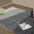 Square Gray White Striped Rug On Wooden Floor With Blinds Flower Bouquet Cushion And Basket