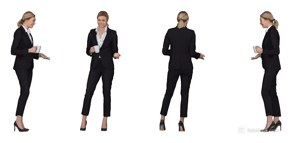Business Woman In Black Suit Holding Coffee Cup With High Heels Front Back Views 3d model 