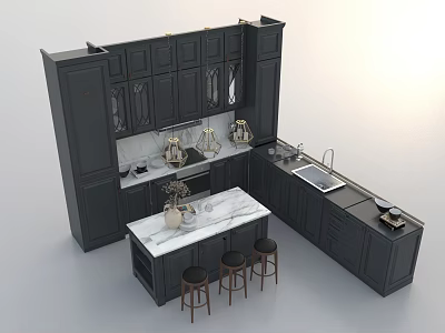 Modern Kitchen Interior With Dark Cabinets Marble Island And Three Stools 3d model