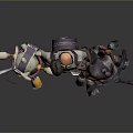 Adventurer Character With Goggles Backpack Gray Outfit Flying Yellow Green Creature And Wheeled Mechanical Creature