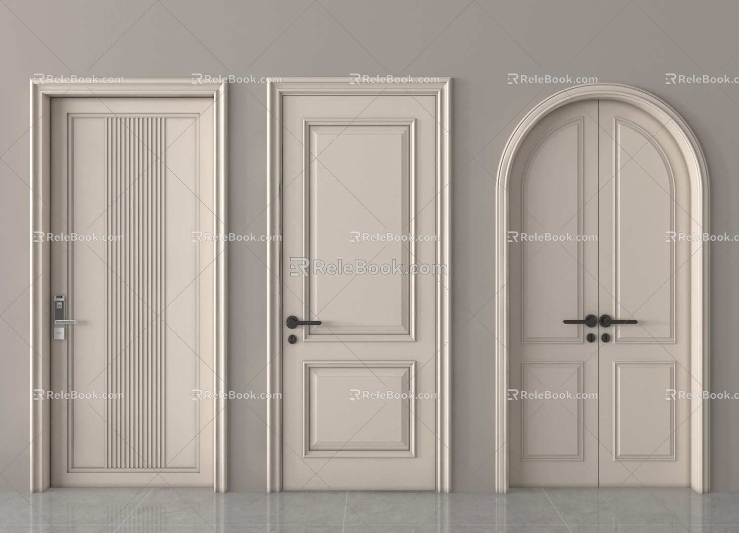 French cream double door single door bedroom door glass double door 3d model