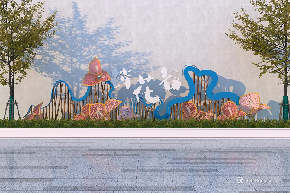 Butterfly Shaped Blue Curved Landscape Sculpture with Green Plants and Background Wall 3d model 