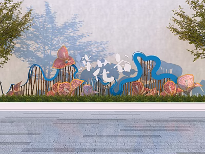 Butterfly Shaped Blue Curved Landscape Sculpture with Green Plants and Background Wall 3d model