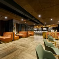 Warm Cafe Interior Design With Wooden Ceiling Pendant Lights Round Table And Green Chairs