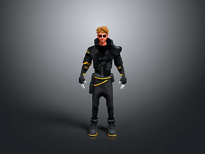 Futuristic Character Model With Blonde Hair Sunglasses And Black Outfit Yellow Accents 3d model