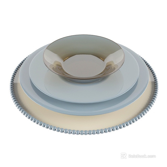 Elegant Dinnerware Set With Stacked Light Gray Plates And Beige Bowl Beaded Edges Tableware Combination 3d model 