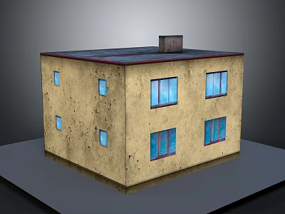 Two story old building with yellow walls blue window frames dark roof and small chimney 3d model