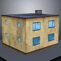 Two story old building with yellow walls blue window frames dark roof and small chimney