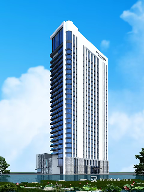 Modern High Rise Office Building Exterior With Glass Facade And Blue Sky 3d model 