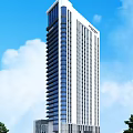 Modern High Rise Office Building Exterior With Glass Facade And Blue Sky