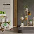 Potted Bonsai Plants On Multi Tiered Wooden Stands In Modern Interior