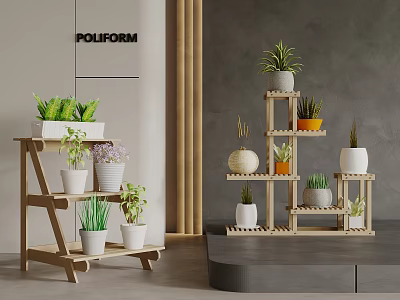 Potted Bonsai Plants On Multi Tiered Wooden Stands In Modern Interior 3d model