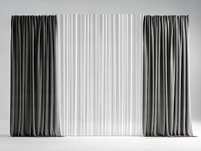 Stylish Dark Gray Curtains With White Vertical Striped Center Panel Design 3d model
