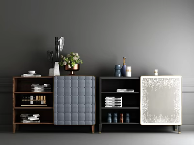 Modern Entryway And Side Cabinets With Leather Padded Panel Green Plants Books And Mirror 3d model