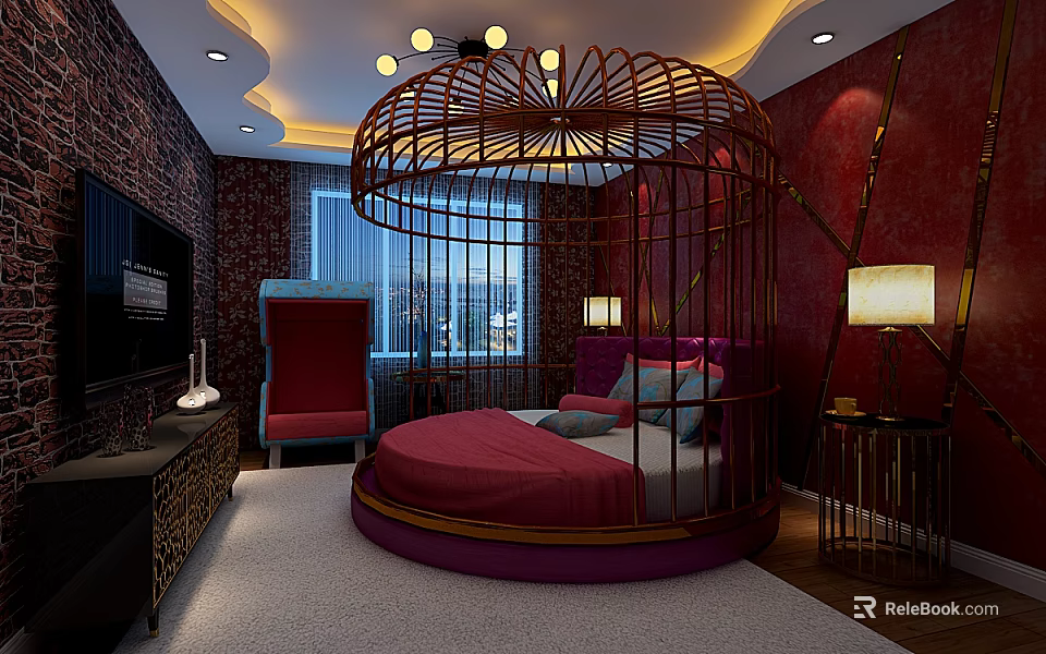 Unique Hotel Room With Round Bed And Birdcage Structure Red Theme Decor 3d model 