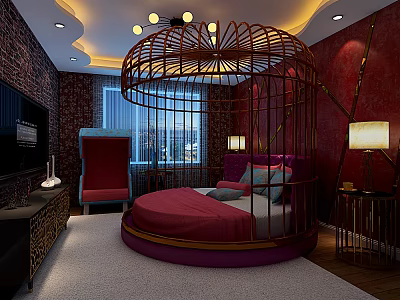 Unique Hotel Room With Round Bed And Birdcage Structure Red Theme Decor 3d model