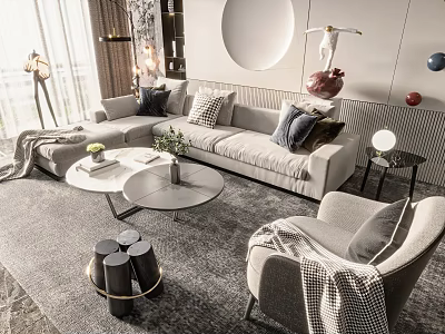 Modern L shaped Sofa And Coffee Table Set With Plush Pillows Gray Rug And Floor Lamp 3d model