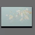 Botanical Painting with White Flowers Branches and Butterflies on Light Blue Background in Black Frame