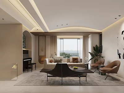 Modern Warm Tone Open Living And Dining Room Interior With Cozy Sofas And Large Window 3d model