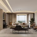 Modern Warm Tone Open Living And Dining Room Interior With Cozy Sofas And Large Window