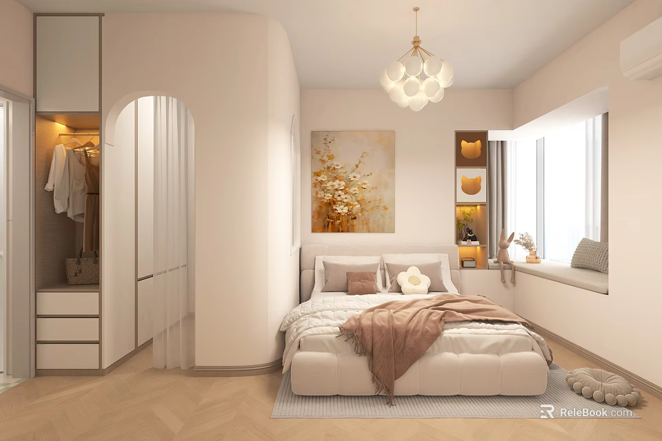 Modern Bedroom Interior Design With Arched Details Chandelier Floral Painting And Cozy Bed 3d model 