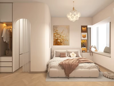 Modern Bedroom Interior Design With Arched Details Chandelier Floral Painting And Cozy Bed 3d model