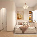 Modern Bedroom Interior Design With Arched Details Chandelier Floral Painting And Cozy Bed
