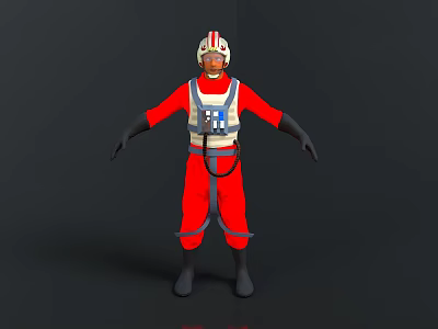 Red Pilot Suit With Helmet Blue White Accents Chest Logo And Straps 3d model