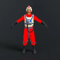 Red Pilot Suit With Helmet Blue White Accents Chest Logo And Straps