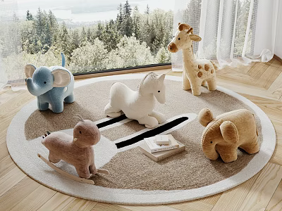 Kids Room Wooden Stool With Plush Animal Toys Round Rug And Forest Lake View 3d model