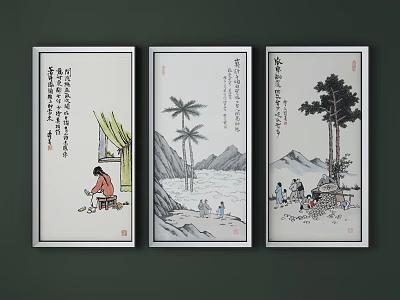 Traditional Chinese Ink Paintings Three Scrolls With Natural Scenery And Figures 3d model