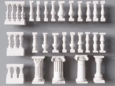 Decorative White Railings Featuring Various Baluster Column And Architectural Designs 3d model