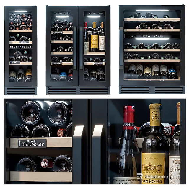 Modern Black Wine Cabinet with Multiple Shelves and Stored Wine Bottles 3d model 