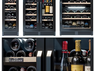 Modern Black Wine Cabinet with Multiple Shelves and Stored Wine Bottles 3d model