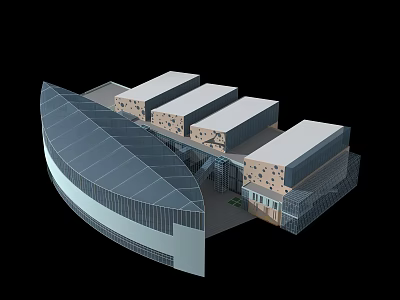 Modern Architectural 3D Model With Connected Building Blocks Curved Roof And Glass Elements 3d model