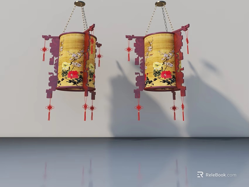 Traditional Wooden Swing Door Adorned With Yellow Lanterns And Floral Patterns 3d model 