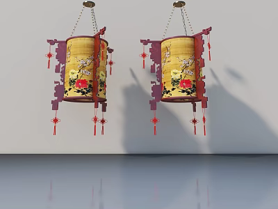 Traditional Wooden Swing Door Adorned With Yellow Lanterns And Floral Patterns 3d model