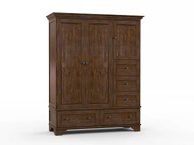 Dark Brown Solid Wood Wardrobe With Double Doors And Multiple Drawers Design 3d model