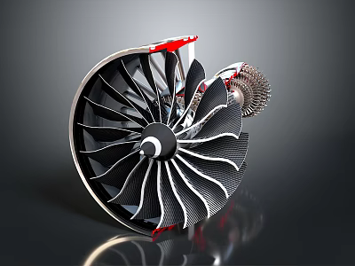 High Precision Commercial Aircraft Engine Turbine Blades With Metal Structure And Red Accents 3d model