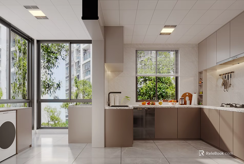 Modern Open Kitchen Interior With Large Windows Beige Cabinets White Countertops And Island 3d model 