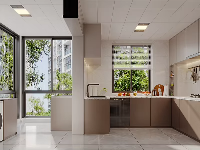 Modern Open Kitchen Interior With Large Windows Beige Cabinets White Countertops And Island 3d model