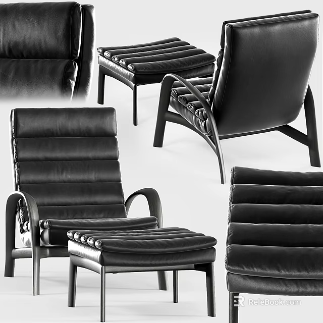 Black Leather Leisure Chair With Ottoman And Modern Sleek Design Structure 3d model 