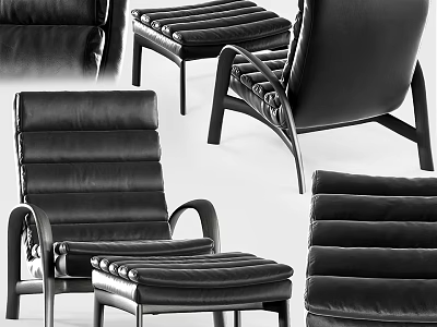 Black Leather Leisure Chair With Ottoman And Modern Sleek Design Structure 3d model