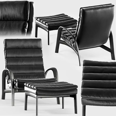 Black Leather Leisure Chair With Ottoman And Modern Sleek Design Structure 3d model