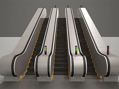 Modern Commercial Escalators With Metal Frames Black Steps Yellow Edges And Green Indicators 3d model