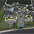 Modern Office Building Complex With Green Roof Surrounding Trees And Parking Area