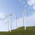 Industrial Wind Turbines Operating On Green Hillside Under Blue Sky With White Clouds